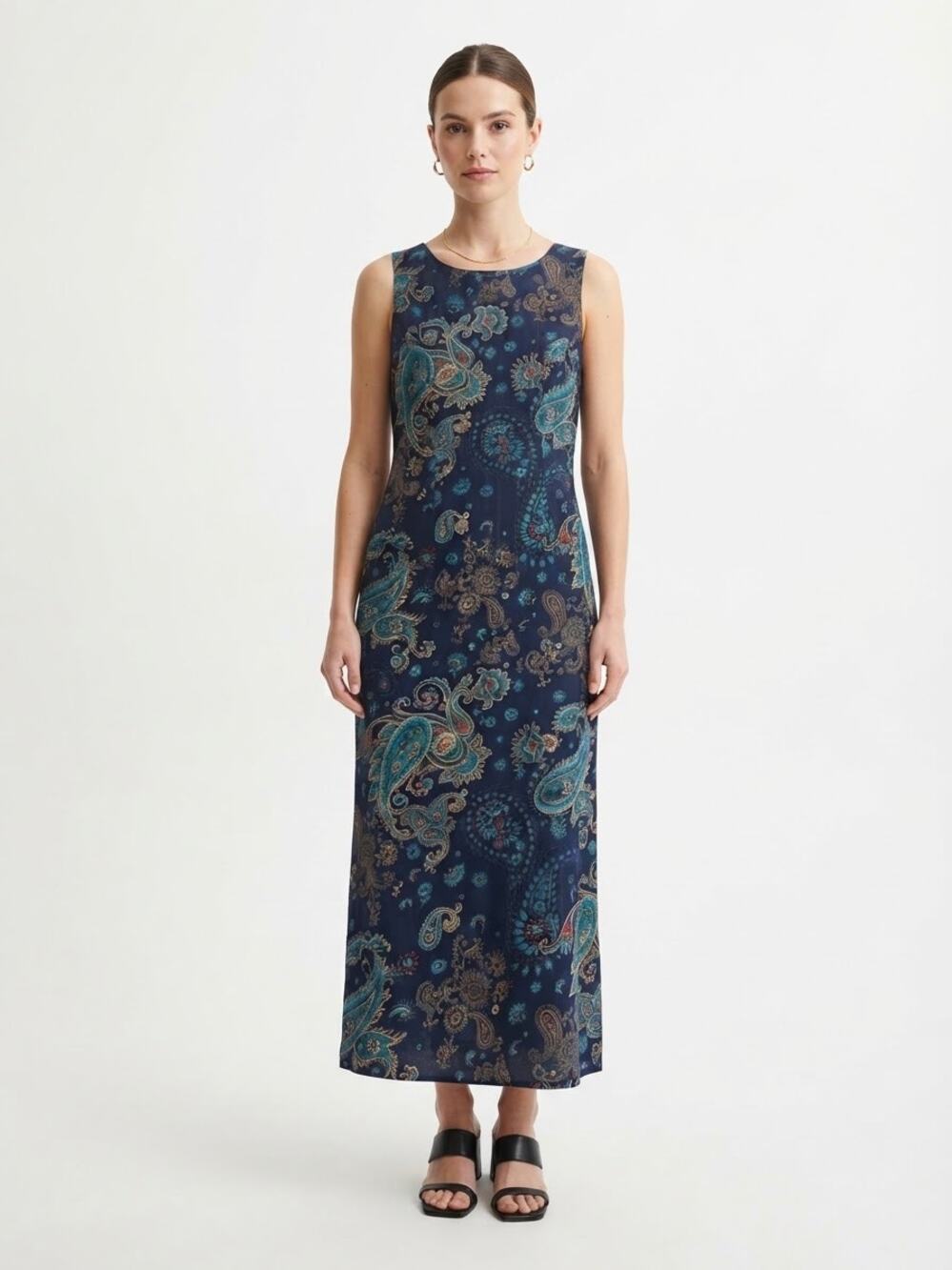Sage Harbor Paisley Midi Sheath Dress Navy Teal Vintage Size 10 Gallery Boho